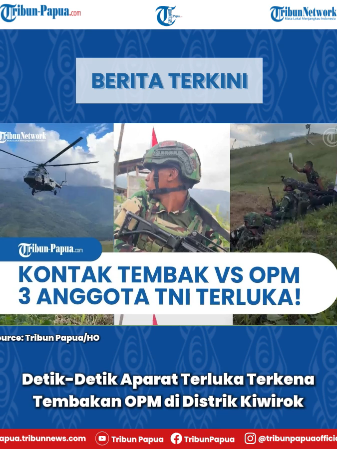 Kontak tembak antara anggota OPM dan aparat keamanan pecah di Distrik Kiwirok, Pegunungan Bintang, pada Kamis 25 September 2025. Tiga aparat keamanan dikabarkan mengalami luka-luka akibat kontak tembak tersebut. Para korban luka-luka telah dievakuasi ke Jayapura bertempat di Helipad Kodam XVII/Cendrawasih di Jayapura, Papua. Diduga kelompok OPM melakukan tembakan dari Kodap 15 Ngalum Kupel pimpinan Kamek Taplo. BACA SELENGKAPNYA papua.tribunnews.com dan tribunnews.com Follow us on Social Media Instagram: @tribunpapuaofficial TikTok: @tribunpapua Facebook: Tribun Papua Youtube: Tribun Papua