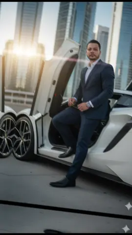prompt gemini: Uma fotografia cinematográfica hiper-realista de um homem confiante e estiloso, USANDO EXATAMENTE O ROSTO DA FOTO ENVIADA, saindo de um carro esporte de luxo branco com as portas borboleta abertas. Ele está vestindo um terno azu escuro bem aiustado com uma camisa branca por baixo, relogio sofisticado combinando com sapatos sociais pretos polidos. Ele segura um par de óculos de sol em uma das mãos e tem uma expressão calma e determinada. O fundo mostra uma cena de cidade sofisticada com edificios modernos e reflexos em ianelas de vidro. A luminação é profissional e temperamental Está o céu azul. um amanhecer de verão com raios de sol cruzando a cena #prompt  #carro #luxo  #dinheiro 