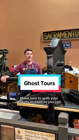 Tickets are NOW on sale for our popular Ghost Tours! Come join the “ghosts” of early Sacramento for an eerie journey through the city’s shadowy past with the Sacramento History Museum’s annual Ghost Tours.   Whether you are a history buff or just love a good ghost story, hear tantalizing tales of how folks lived – and died! – in our fair city. Don’t miss your chance to uncover What Really Happened? in the hidden tales of Sacramento’s past. Ghost Tours are $35 and recommended for ages 8 and above. Don’t make a grave mistake by waiting until it’s too late! Head over to our website for details and to get tickets. To help get the word out, Alex letterpress printed “Ghost Tours tickets now available at the Sacramento History Museum!” in 60 point Caslon font. This was printed with black rubber base ink using our Washington hand press. #SacHistoryMuseum #ghosttours #sactiktok #sacramento          