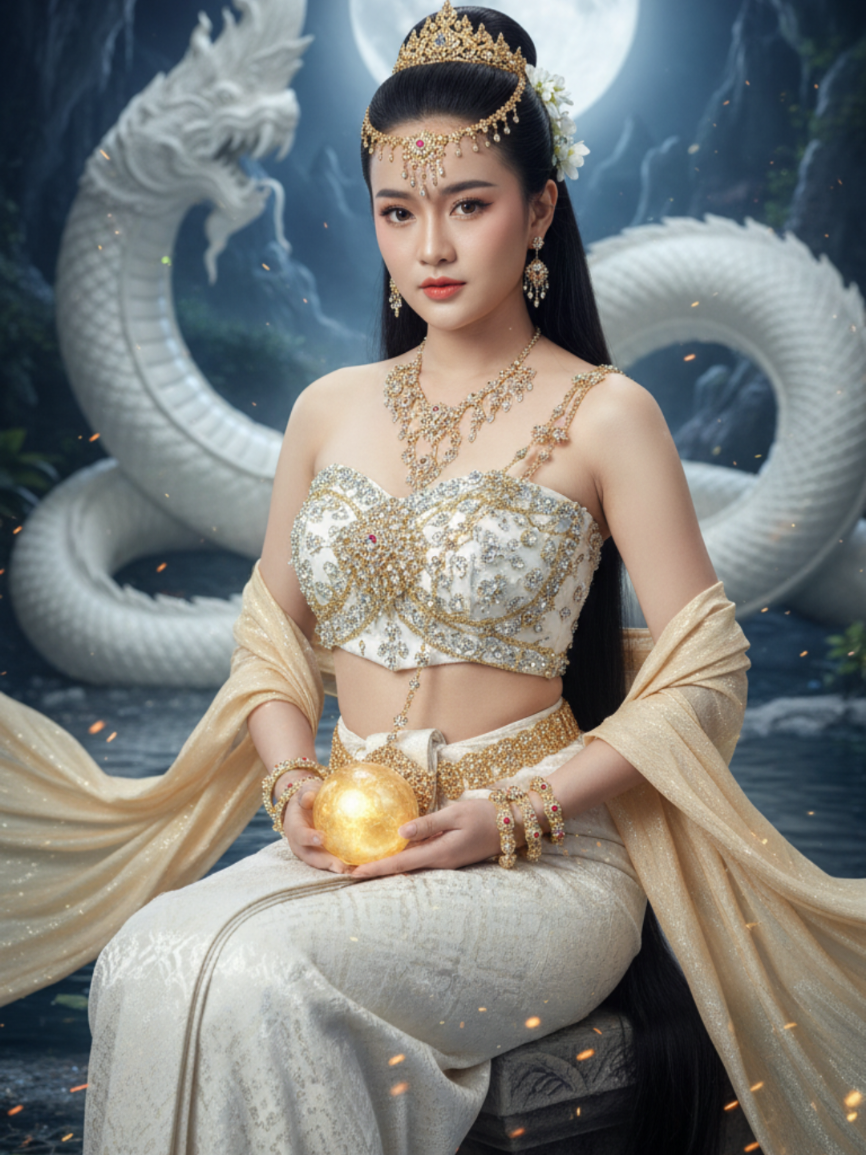 #gemini #ai #prompt #แจกฟรี  สร้างภาพโดยใช้แบบต้นฉบับที่แนบไปให้ ใบหน้าเหมือนเดิม 100% หญิงสาวสวมชุดไทยสมัยสุโขทัยที่ถูกออกแบบให้อลังการยิ่งขึ้น ใบหน้าหันมอบข้างหน้า ผ้าเกาะอกสีขาว ท่อนบนประดับเพชรวิบวับ ผ้าไขว้แขนทองอ่อนยาวลากพื้นยาวพลิ้วไหวตามแรงลม ประดับพลอยเรืองรอง โชว์เอวบางอ้อนแอ้นขาวละออ ท่อนล่างผ้านุ่งสีขาว กลัดรัดเข็มขัดเข้ากับชุด ทรงผมเกล้าผมหน้าขึ้น มีเครื่องประดับบนหน้าผากย้อยลงมา สีทอง วางบนอยู่กลางหน้าผาก ปล่อยผมด้านหลังยาวตรงเงางาม มีมงกุฎสีทองถัดดอกไม้สีขาวเล็กๆข้างหู หน้าเรียวอิ่มน้ำ ขาวละออเนียนใส ปากจิ้มลิ้มอวบอิ่มสีชมพูอ่อนมันวาว ข้อมือทั้งสองข้างมีกำไลนพเก้าสวมใส่สวยงาม พร้อมสร้อยคอ เส้นสังวาลงามจิต ฉากถ่ายแบบระยะกลาง โฟกัสที่ตัวเอก รายละเอียดผิวหน้า เกล้าผมหน้าขึ้นปล่อยผมยาวด้านหลัง ตรงด้านข้างยาวถึงเอว ผิวพอร์ซเลนเนียนเปล่งประกาย สะท้อนแสงไฟสตูดิโอแบบดรามาติก กล้อง Canon EOS R5 เลนส์ 85 มม. f/1.2, รูรับแสง f/1.2, DOF ตื้นพิเศษ เก็บทุกดีเทลของชุดและเครื่องประดับจนเห็นความแวววาวของเพชรพลอย ท่านั่งบนหินศิลา มือลูกแก้วสีทองอย่างสง่างาม อย่างดุดันน่าเกรงขาม น่ากลัวมีจริตนางพญา มีประกายไฟระยิบจากพื้นโมเสกและฉากหลังเป็นพญานาคสีขาวตัวใหญ่ใต้แสงจันทร์ ในถ้ำดูขลังเหมือนมีมนต์สะกด บนพื้นน้ำ ภาพ 3:4 --ไฮเปอร์เรียลลิสม์ โฟกัสความวิจิตรและอลังการแบบราชสำนัก