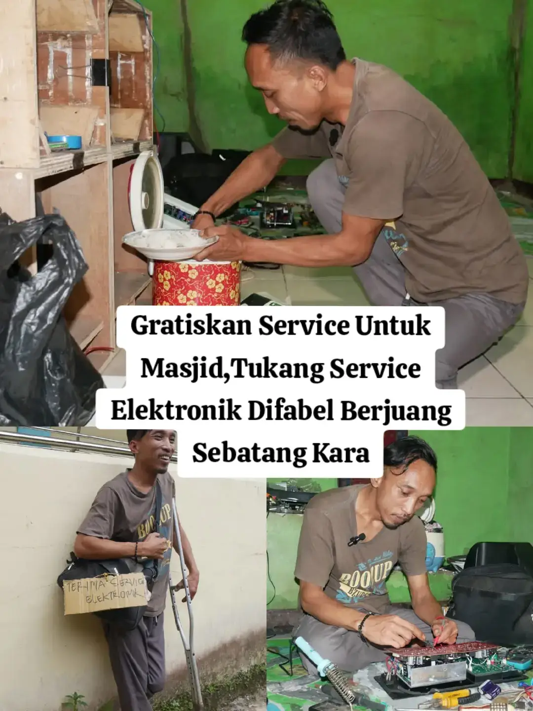 Tukang service elektronik keliling itu bernama Supriatin atau lebih dikenal warga sekitar dengan panggilan Mpim (41 tahun). Seorang difabel sebatang kara yang berjalan hanya menggunakan satu kakinya. Dari kedua tangannya, Mpim juga hanya memiliki 5 jari. Banyak pengurus masjid yang meminta jasanya untuk memperbaiki pengeras suara atau alat elektronik milik masjid. Mpim selalu tidak pernah memungut biaya sepeserpun untuk memperbaiki alat inventaris masjid, dengan alasan Ia ingin bersedekah dengan apa yang dia bisa.  “Masa iya Pak untuk masjid saya harus narik biaya, enggak lah,,,Saya ingin bersedekah untuk Masjid. Dengan begitu, saya dapat pahala jariyahnya, lagian kalau saya bersedekah dengan uang kan gak punya,,,ya paling saya sedekah dengan apa yang saya bisa aja..”, tegas Mpim. Setiap hari, Mpim berkeliling sejauh hampir 8 km untuk menjajakan jasa perbaikan elektronik yang rusak. Dengan hanya menggunakan 5 jarinya, Mpim dapat memperbaiki TV, radio, mesin cuci, kulkas, Amply, Sound box sampai dengan alat pengeras suara masjid.  Karena kelelahan, Mpim juga sering merasakan kram di kakinya, karena jalur sejauh 8 km yang Ia lewati merupakan jalan tanah berbatu yang penuh tanjakan dan turunan. Meski demikian, Ia tak pernah gentar untuk terus berjalan meski hanya menggunakan satu kakinya. “Kalau sampai tertabrak belum pernah Pak, tapi kalau terserempet motor pernah beberapa kali, tapi Alhamdulillah gak sampai parah… meski tidak ada yang tanggung jawab, yang nyerempetnya pergi gitu aja.”, ujar Mpim. kemampuan yang sekarang dimiliknya, didapat dari belajar secara otodidak karena sering memperhatikan pamannya yang sering memperbaiki alat elektronik rusak.  Dalam sehari, pendapatan Mpim tidak menentu. Akan tetapi, biasanya pendapatan tersebut tidak lebih dari 60 ribu/hari. Itupun jika ada yang menggunakan jasanya, tapi kalau tidak ada, otomasi mpim tidak memiliki penghasilan sehingga untuk makan saja Ia harus numpang ke saudara dekatnya. Mpim saat ini tinggal sendirian di rumah warisan kedua orang tuanya, sebab sampai di usianya yang sudah ke 41 tahun Ia belum pernah menikah, sedangkan kakak serta adiknya sudah menikah dan pisah rumah. “Ya ingin seperti orang lain bisa nikah, tapi mau gimana lagi… belum nemu jodohnya, lagian siapa juga ada yang mau sama Saya yang cacat gini..”, ujar Mpim dengan nada sedih. Ditengah keterbatasannya, Mpim tetap berusaha walaupun jasa perbaikan Elektroniknya sedang sepi seperti saat ini. Dirinya mengaku tak pernah mau menghinakan diri dengan mengemis. Meski lelah untuk dijalani dengan setiap hari harus keliling menjajakan jasanya, tetapi Ia jalani dengan penuh kesabaran dan keikhlasan. Mpim selalu Yakin kepada Allah Subhanahu wata’ala terhadap rezeki yang sudah disiapkan untuk hambanya yang mau berusaha. “Saya berharap ada modal Pak untuk buka toko penyedia onderdil komponen elektronik, alat kelistrikan sekaligus buka jasa perbaikan elektronik. Syukur-syukur bisa membuka lapangan kerja buat bantu orang lain. Ditambah, makin hari kaki saya kaya semakin lemah Pak. Sering sakit..sering kram..khawatir kedepan ga bisa keliling lagi”, harap Mpim. #hikmahkehidupan #kisahkehidupan #perjuanganhidup #kisahteladan #fyp 