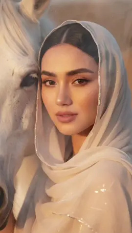 Gemini AI prompt: Create a striking close-up portrait captures a woman with prominent natural eyebrow. Brown eyes looking directly at the camera .Her lips are painted in a soft, natural hue. She wears a light-colored sheer, head covering that drapes over her head and shoulders, with delicate shimmering embellishments along the edge. Part of a white horse's face, specifically its eye and snout, is visible on the left side of the frame, partially obscured by the woman. The lighting is warm, suggesting either sunrise or sunset, casting a golden glow on her face and the fabric. The overall impression is one of elegance and serene beauty.  #geminiai #ai #arabian #foryoupage 