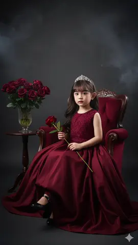 trend ai yg ga ngerubah bentuk muka, sebenernya udh bosen tp lucuk nih promtnya :  tanpa mengubah bentuk wajah buatlah foto tersebut menjadi seorang anak perempuan berusia 5 tahun yang sedang duduk di kursi mewah di sebuah studio foto dengan pose memegang bunga mawar di tangan dengan dress panjang menjuntai ke lantai warna maroon rambut panjang terurai rapih dan memakai mahkota kecil di kepala, dia memakai high heels elegan terdapat meja berisi vas bunga mawar maroon, dengan efek cahaya gelap dan asap dramatis, tatapan nya tajam fokus pada kamera  #trendai #geminai #ai #gemini #fyp #trendgeminiai 