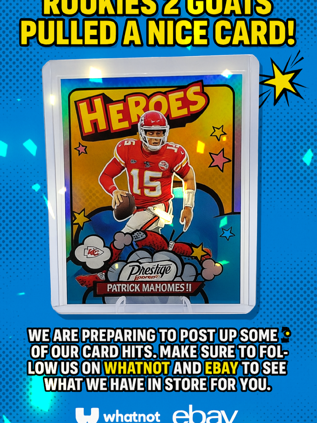 🔥 HEROIC HIT🦸‍♂️ 🔥 Rookies 2 Goats pulled a NICE card hit the 2024 Panini Prestige Heroes | Patrick Mahomes II 💎 This card has that comic-book, pop-art vibe with bold colors, starbursts, and heroic energy that fits Mahomes perfectly. 🏈 The back even highlights how Mahomes’ improvisation and playmaking make him one of the most unstoppable QBs in the game. 💥 We’re preparing to post up some of our card hits soon—this is just a sneak peek of what’s coming! 🚨 👉 Make sure to FOLLOW us on Whatnot & eBay to catch all the fire we have in store! @Panini #patrickmahomes  #kanascitychiefs  #footballcards #rookies2goats #panini 