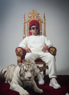 1. Step Google Gemini 2. Step upload your image 3. Step paste prompt Male model in oversized Black sweatshirt and sweatpants with White sneakers, [model wearing black sunglasses with rounded lenses], seated elegantly on a throne in the color Black Golden, against a soft White Pastel dark studio backdrop, [Giant White Tiger lying in front of the model, Tiger with a crown on the head]. Cinematic lighting, futuristic editorial style, relaxed posture, head slightly tilted. And please don't change my face  #reels #fypviral  #video #foryoupage  #trending 