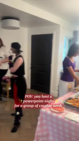 Our powerpoint night with a bunch of nerds (lovingly) 🥹 I love each and every single person, everyone’s powerpoints WERE SO GOOD! OMEGAVERSE AND DINOSAURS AND AO3! #powerpointnight #cosplay #omegaverse #ao3 #anime my beautiful friends: @Ace 🦊🥍 🔜 LA Comic Con @Ayla @Era @Glitch @Kileona 🔜 Anime Pasadena @MikaaStella 