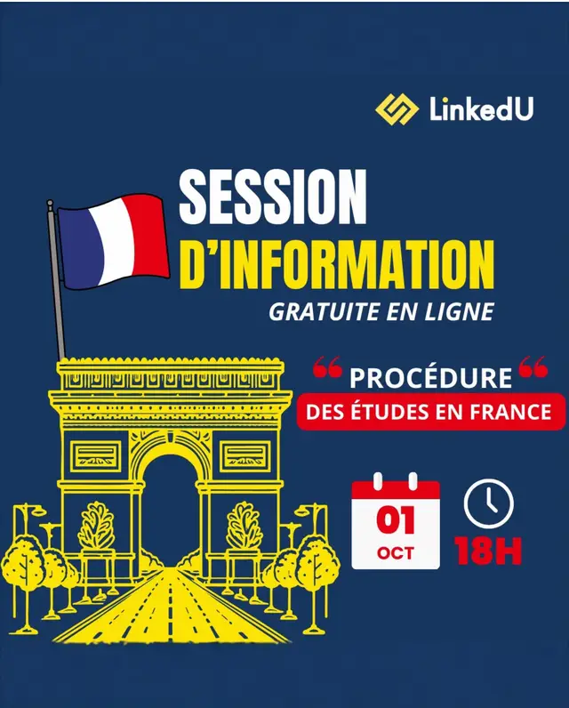 🇫🇷✨ Vous rêvez de poursuivre vos études en France ? Ne manquez pas cette session d’information en ligne, gratuite, le 1er octobre à 18h. Au programme : Tout savoir sur la procédure des études en France Les démarches pas à pas des conseils pratiques pour bien préparer votre projet 📅 Rendez-vous en ligne le 1er octobre à 18h ! 👉 Inscription gratuite dès maintenant. #linkedU  #etudesenfrance 