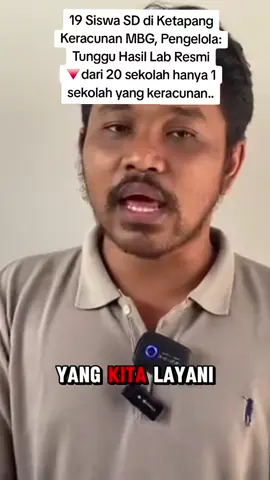 Kasus keracunan makanan bergizi gratis (MBG) menimpa setidaknya 19 siswa dan 1 orang guru di SD Negeri 12 Benua Kayong, Kabupaten Ketapang memicu, Selasa (23/9/2025). Dari jumlah tersebut, 16 siswa terpaksa menjalani perawatan intensif di RSUD dr Agoesdjam Ketapang. Menanggapi hal itu, Hefni Maulana selaku pengelola MBG dari Yayasan Adinda Karunia Ilahi memberikan klarifikasi. la menegaskan, bahwa dugaan keracunan masih perlu diuji kebenarannya melalui hasil laboratorium resmi. BELUM KELUAR 