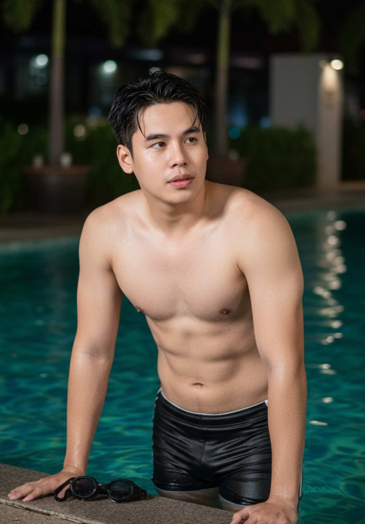 #แจกprompt #gemini #prompt #ai #คำสั่งgemini Prompt💐 :  Create an image using this photo. A Ultra-realistic photo of a fit young man standing in a swimming pool at night, leaning slightly on the pool’s edge with both arms resting casually on the ledge. His wet black hair is slightly tousled, black athletic swim shorts with thin white side stripes and a white waistband just visible. A pair of black swimming goggles dangles loosely from one hand. Captured with a DSLR look using natural ambient pool lighting for authentic skin texture, subtle water reflections, and crisp high-resolution detail.