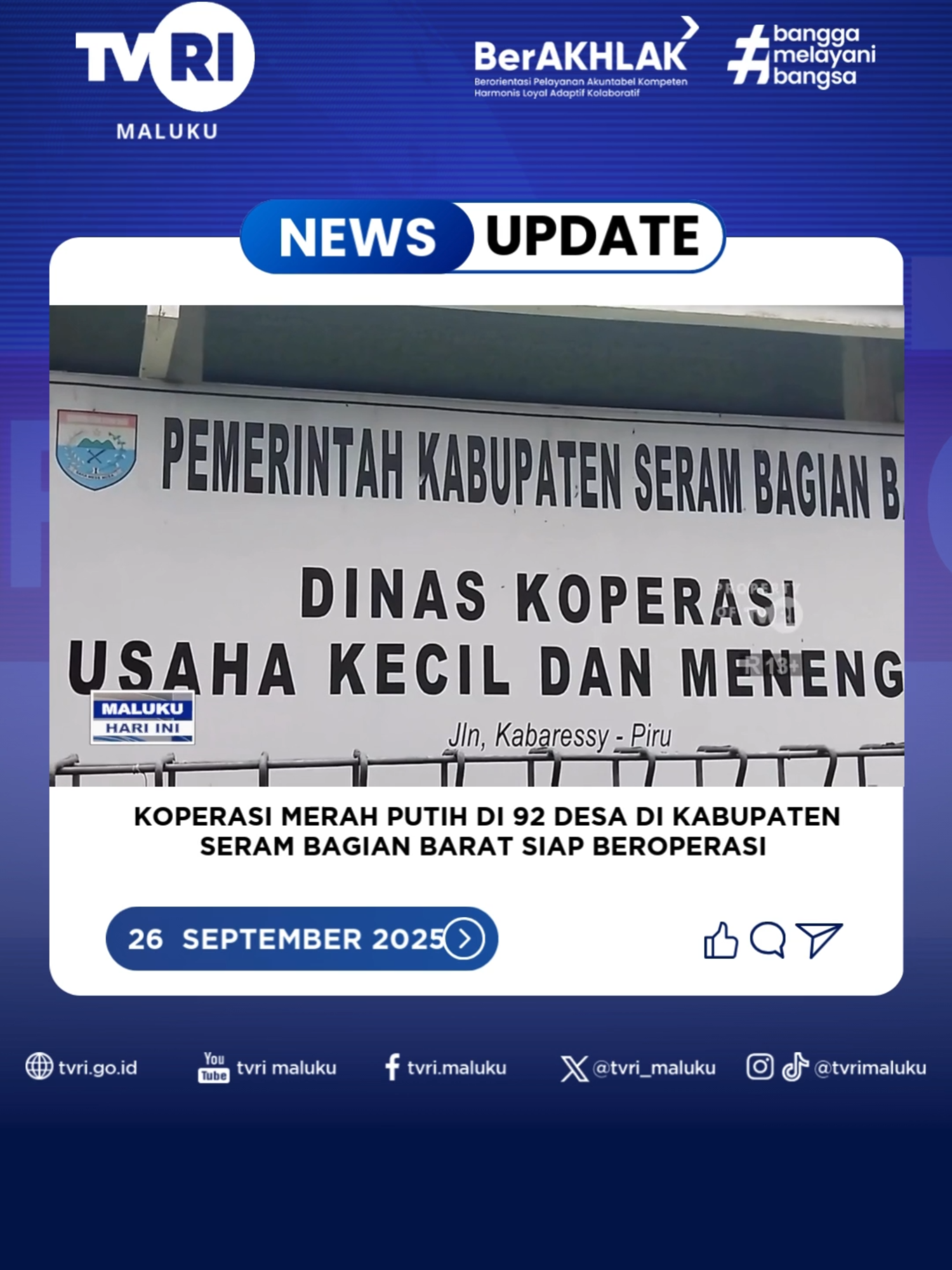 Koperasi Merah Putih merupakan salah satu program nasional  dan menjadi prioritas pemerintah pusat maupun daerah.  Kehadiran  Koperasi Merah Putih atau Kopdes di desa merupakan salah satu wujud Program Asta Cita Presiden Parbowo Subianto dalam upaya pemerataan ekonomi hingga ke tingkat desa.  Hadirnya Koperasi Merah Putih diharapkan bisa memperkuat kemandirian dan kesejahteraan warga. Saat ini Pembentukan Koperasi Merah Putih di Kabupaten Seram Bagian Barat , Provinsi Maluku telah  mencapai 100 persen , yang menyasar 92 desa.    Capaian ini berkat dukungan masyarakat dan juga pemerintah daerah.  #newsupdates #koperasimerahputih #astacita #maluku #kopdes
