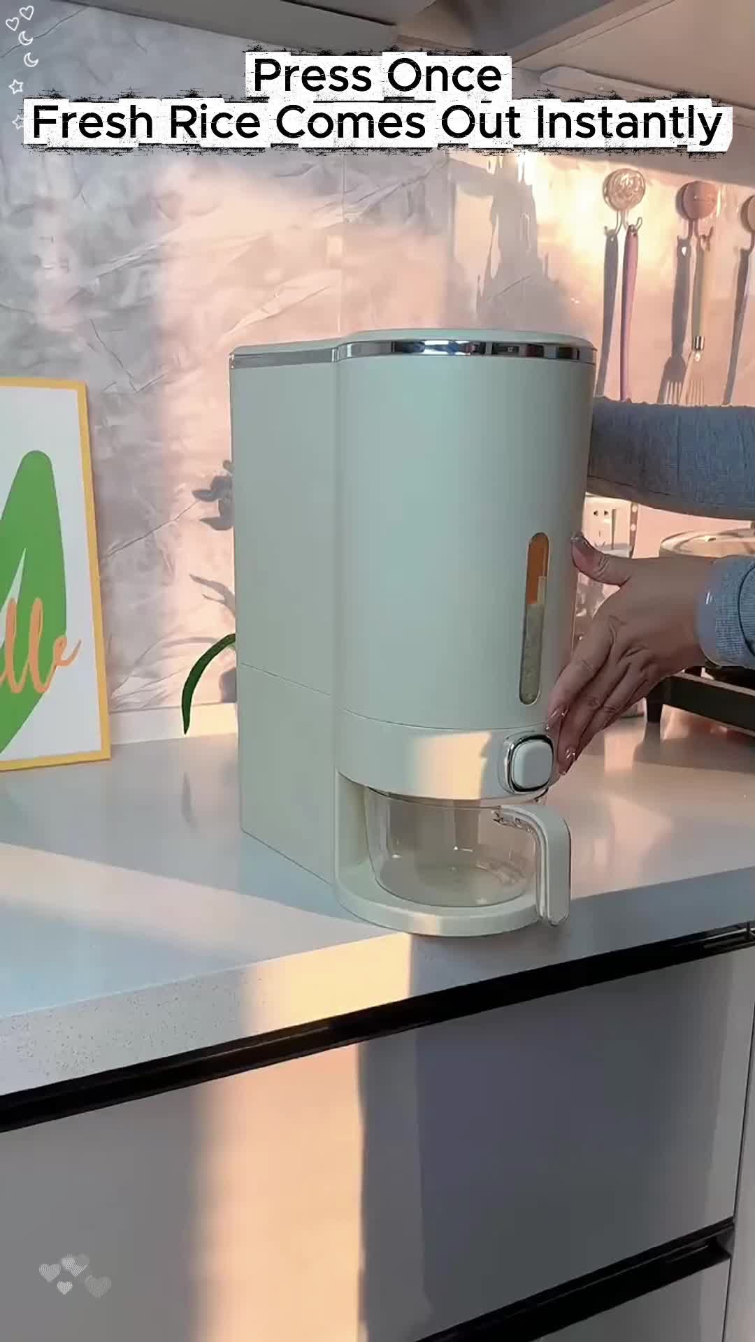 This rice bucket is not only good-looking but also very practical. It can dispense rice with just one press and comes with a measuring cup as well as a rice washing device, making it both convenient and useful. 