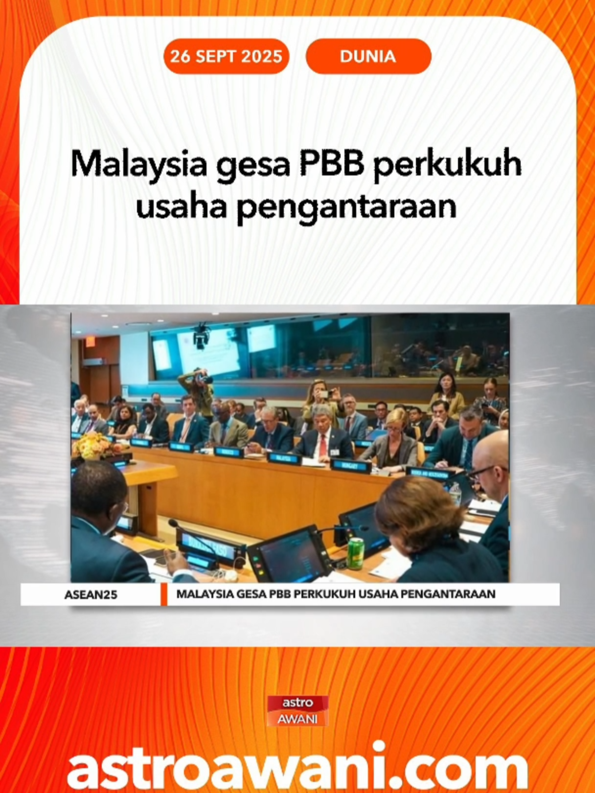 Malaysia menggesa Pertubuhan Bangsa-Bangsa Bersatu (PBB) memperkukuh kerjasama dengan organisasi serantau dalam usaha pengantaraan. #AWANInews