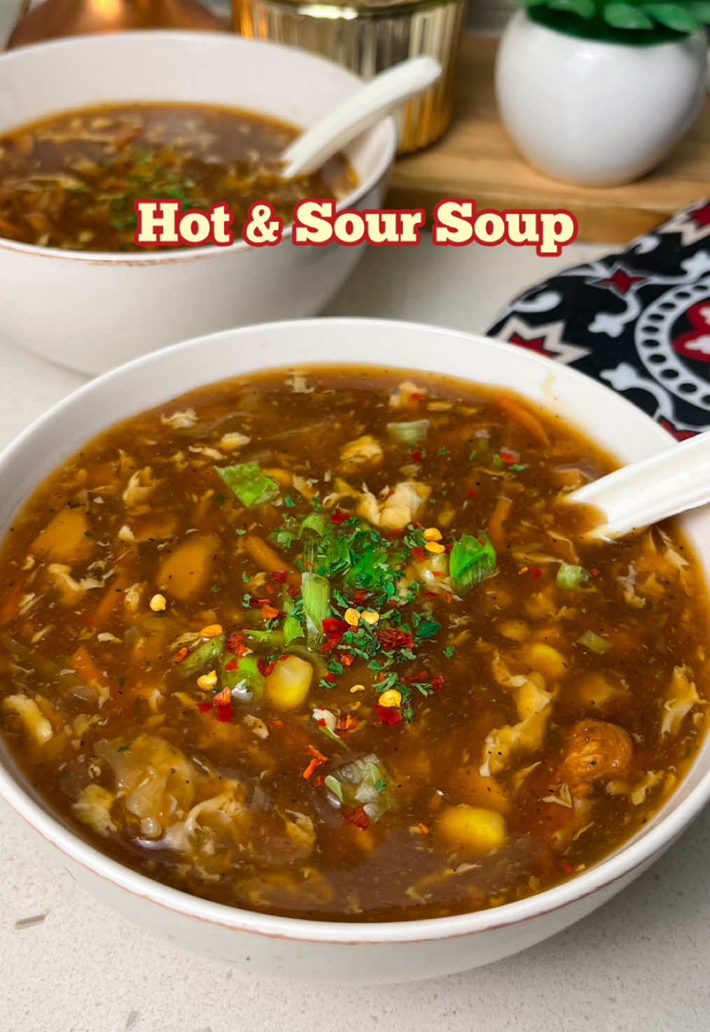 Hot & Sour Soup Ingredients: 4 tbsp oil 300 gms chicken  2 garlic chopped  half cup mushroom  1 & half tsp black pepper  half tsp salt 1 cup cabbage  1 cup corn 1 cup carrots 2 tbsp dark soy sauce 2 tbsp hot sauce 2 tbsp soy sauce  1 tbsp oyster sauce 1 tsp garlic powder  1 chicken cube 2 tbsp vinegar  1 tbsp sugar 2 litres water (8 cups) Cornflour slurry (1 cup water +5 tbsp cornflour) 2 eggs beaten 2 tbsp spring onions #hotandsoursoup #chickensoup #vegetablesoup #soup #fypシ゚ 
