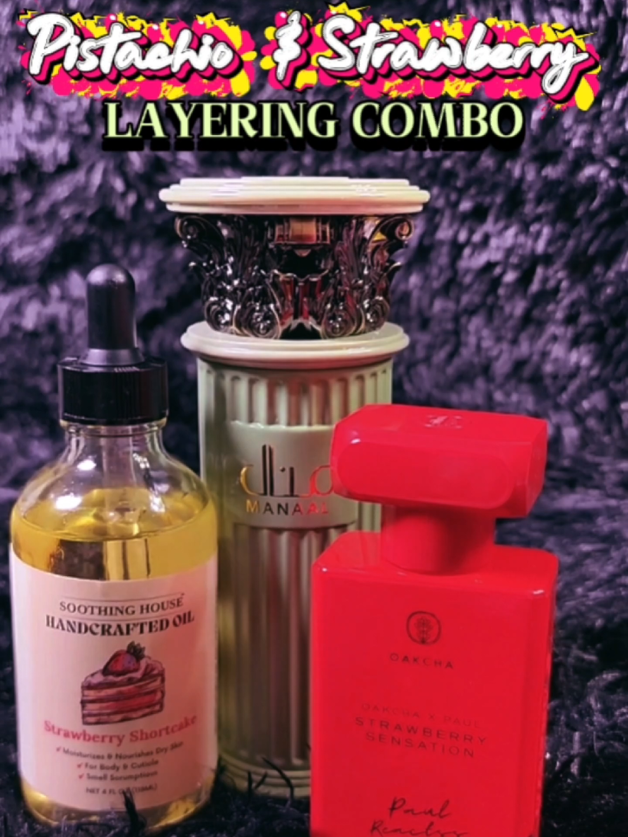 Deliciously Sweet: Exploring Strawberry Perfume Layering. ✨  If you love sweet gourmands, try this fragrance layering combo. Soothing House Strawberry Shortcake Body Oil + my favorite strawberry perfume recommendation, Oakcha Strawberry Sensation + Manaal by Ard Al Zaafaran. It creates the perfect pistachio and strawberry scent that smells like luxury dessert. 🍓💚    #strawberryperfume  #fragranceoftheday #perfumetiktok #perfumelayering  #tiktokshopcreatorpicks 