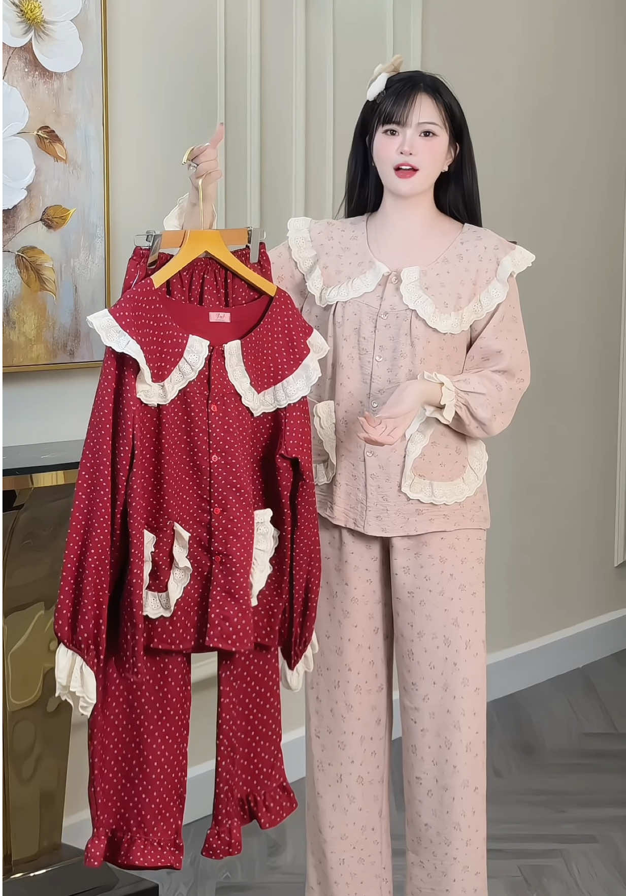 Bộ ngủ cổ sen, hoạ tiết hoa nhí #champhanriview #pijama 