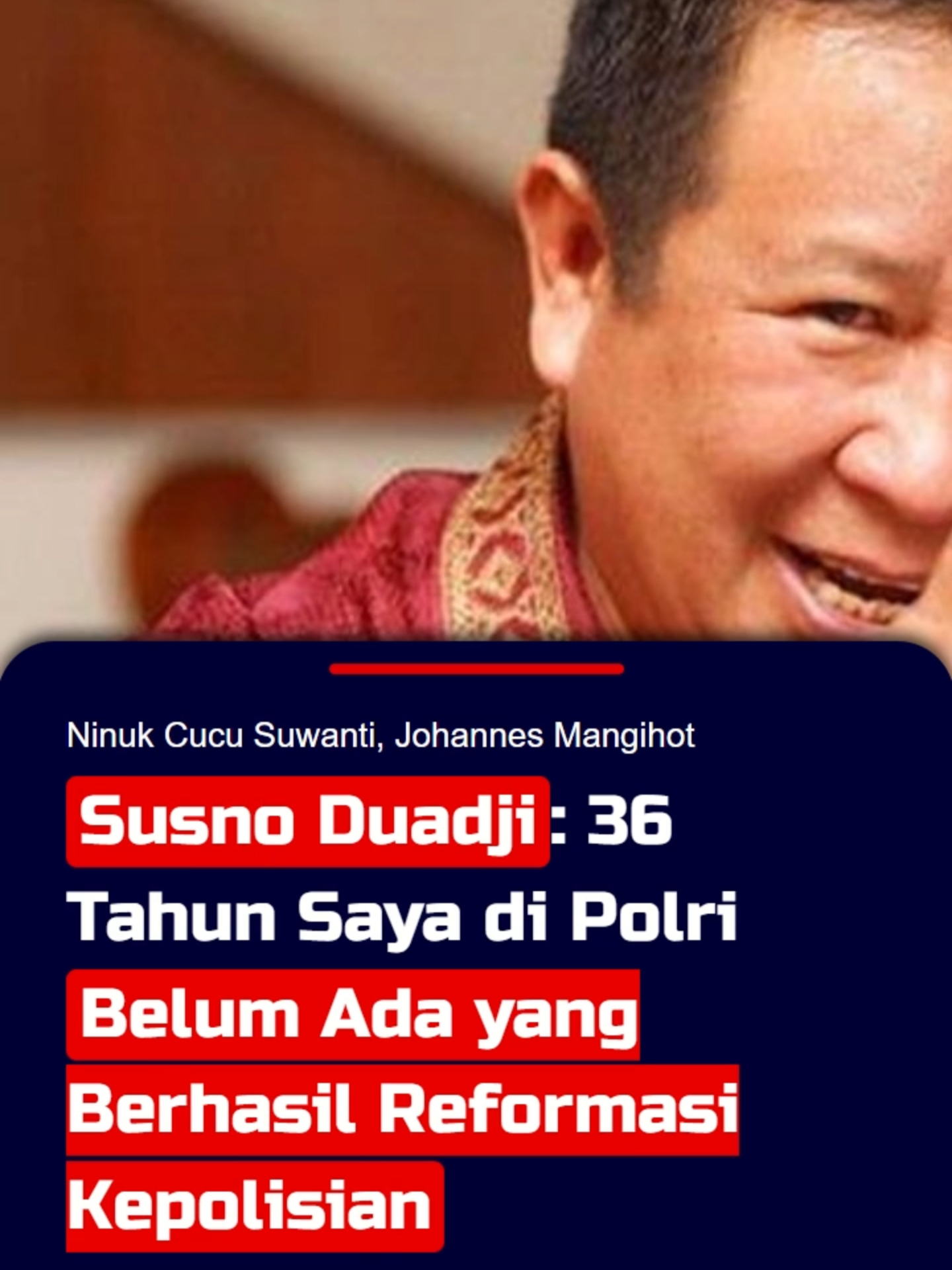 Susno Duadji: 36 Tahun Saya di Polri Belum Ada yang Berhasil Reformasi Kepolisian Mantan Kabareskrim Polri Susno Duadji mengaku selama 36 tahun berkarir di institusi Polri, belum ada yang berhasil melakukan reformasi di kepolisian. Susno menekankan, jika Polri ingin melakukan reformasi, Kapolri hingga anggota yang paling bawah, harus benar-benar mengubah perilaku, dengan cara merubah sikap mental, memberikan keteladanan. Susno menekankan lebih baik memberi perhatian besar atau kewenangan lebih kepada Kompolnas, dibanding membentuk tim atau komisi untuk reformasi Polri. Menurutnya Kompolnas yang selama ini punya peran membantu melakukan pengawasan terhadap institusi kepolisian. Sahabat KompasTV juga bisa memperoleh informasi terkini melalui website www.kompas.tv. #reformasipolri #reformasikepolisian #susnoduadji #timreformasipolri #komisireformasikepolisian #timtransformasireformasipolri
