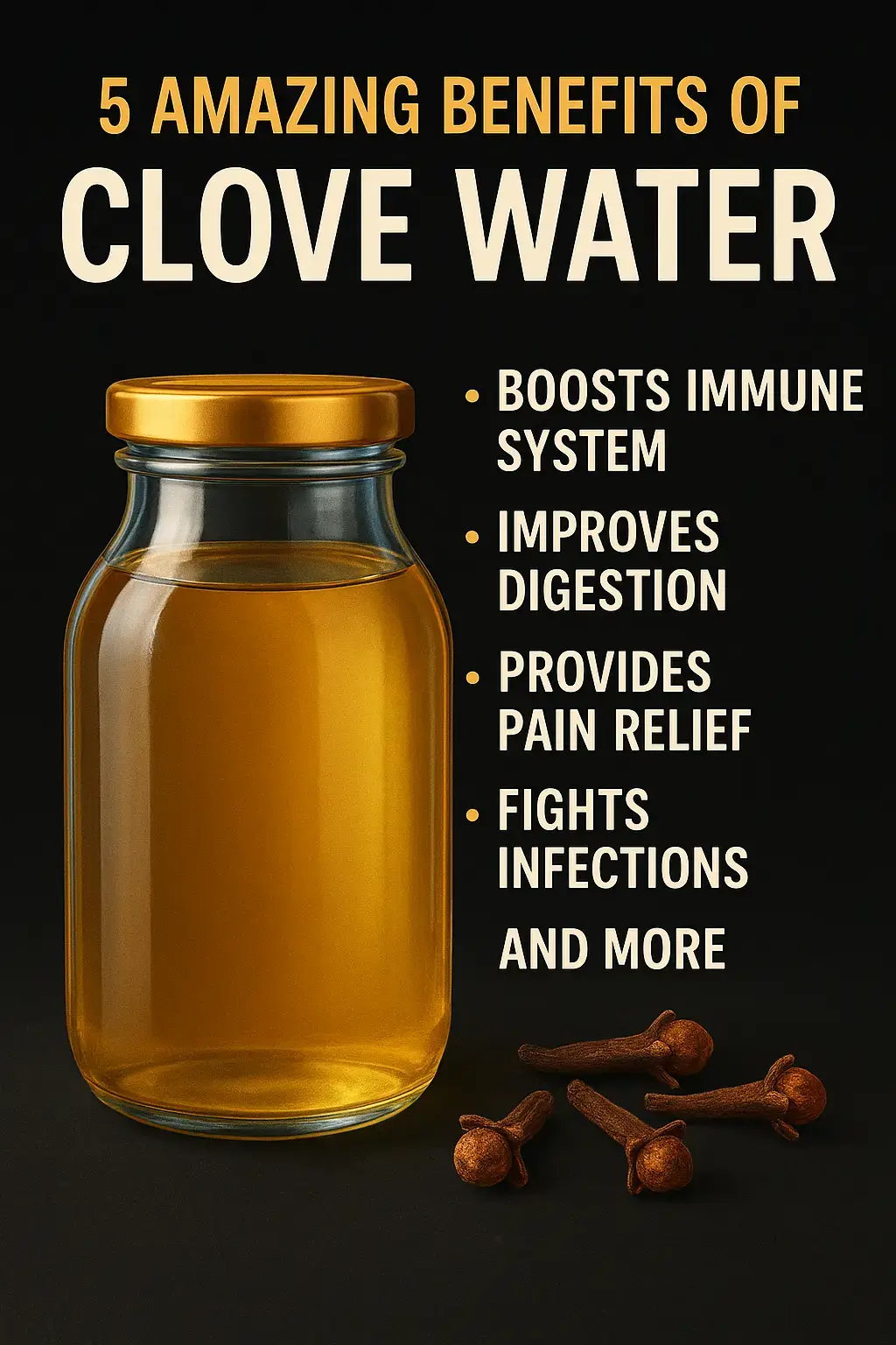 🌿 5 AMAZING BENEFITS OF CLOVE WATER 🌿 💧 Ingredients: 1 tsp cloves 🌸 1 glass warm water 💙 🍵 How to Use: Soak cloves overnight in warm water Drink on an empty stomach in the morning 🌟 Benefits: ✅ Boosts Immune System ✅ Improves Digestion ✅ Relieves Pain & Inflammation ✅ Fights Infections ✅ Promotes Oral Health 💡 Tips: – Use fresh cloves for maximum benefits – Don’t overconsume (1 glass/day is enough) – Combine with a healthy diet for best results 🌿 #CloveWater #HealthyTips #NaturalRemedy #DailyHealth #DoctorAdvice 