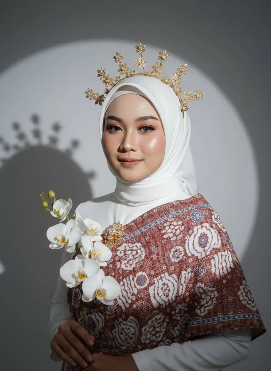 Tutorial 1.Buka Gemini Ai  2.Tambahkan foto kamu ( Tanda + ) 3.Masukan Prompt  4.Tunggu Hasil, jika hasil mukanya beda bisa lanjut edit di aplikasi Remakeface ai . PROMPT: Mempertahankan wajah dan fitur yang sama persis dengan foto referensi. Potret studio mode tinggi seorang wanita muda dengan keanggunan yang halus, mengenakan hijab putih bersih yang disampirkan mulus sempurna dengan lipatan bersih, dihiasi dengan aksesoris topi baja bunga emas halus berbentuk seperti bintang mekar, berkilau di bawah cahaya. Hijabnya ditata dalam bingkai rapi yang menonjolkan wajah oval simetrisnya, kulit putih bercahaya, dan struktur tulang yang halus. Dia memakai batik tradisional Indonesia yang terinspirasi tirai bahu dalam merah-coklat bersahaja, berpola dengan motif geometris putih dan biru yang tidak beraturan, berlapis di atas gaun bagian dalam putih bersih. Tekstur kainnya lembut, dengan detail tenun yang terlihat, memberikan perpaduan keanggunan tradisional dan modern. Bros emas vintage duduk di dadanya sebagai bagian tengah, melambangkan kehalusan budaya. Dia memegang cabang anggrek putih segar, kelopaknya lembut, lembut, dan bercahaya, menambahkan kelembutan alami pada komposisi. Riasan (detail): Kulit: kulit porselen sempurna dengan hasil akhir berembun alami, highlight halus pada tulang pipi, jembatan hidung, dan tulang alis untuk bercahaya. Efek keseluruhan: kemewahan pengantin /editorial yang dipoles, namun tetap lembut dan elegan. Pengaturan pencahayaan (sinematik & editorial): Cahaya utama: softbox tunggal dari kiri depan atas, menghasilkan sorotan kulit yang bahkan bersinar dan halus.. Latar belakang: proyeksi sorotan melingkar di belakang subjek, menciptakan gradien seperti halo, dengan bayangan topi baja dilemparkan tajam ke latar belakang untuk efek dramatis. Isi cahaya: minimal, pertahankan bayangan alami untuk menambah ke dalaman. Hasil: moody tapi elegan, dengan kontras yang bersih dan nada pelukis. Spesifikasi fotografi: Dibidik pada DSLR full-frame /mirrorless, dengan lensa prime 85mm pada f/1.4, ISO 100, rana 1/160. Ke dalaman bidang: dangkal, latar belakang meleleh menjadi blur lembut, subjek setajam silet dengan detail indah. Resolusi: definisi ultra-tinggi, nuansa kualitas 8K, tekstur alami yang dipertahankan (tidak ada penghalusan berlebihan). Rasio aspek 9: 16 vertikal, komposisi terpusat, ruang atas untuk topi baja, ruang bawah seimbang dengan anggrek. Gaya & suasana hati: Editorial, fotografi mode budaya modern. Subjek backgroundallowing minimalis, pakaian, dan aksesoris mendominasi. Canggih, elegan, berseri suasana hati dengan kekuatan halus. #gemini #geminiai #fypシ゚ #ai #trending 