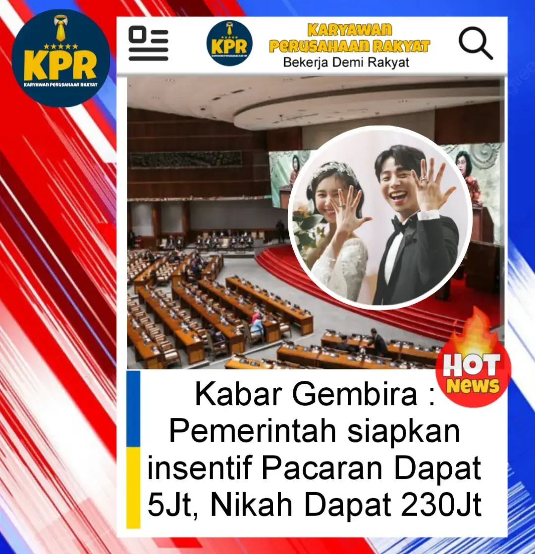 Kabar Gembira : Pemerintah siapkan insentif Pacaran Dapat 5 Juta, Nikah Dapat 230 Juta Upaya menekan angka kelahiran rendah kini dilakukan dengan cara unik. Pemerintah meluncurkan program subsidi khusus bagi warganya yang pacaran hingga menikah. Program ini memberikan insentif bertahap. Warga yang berhasil menjalin hubungan melalui acara perjodohan resmi mendapat Rp 5 juta. Jika hubungan berlanjut ke pertemuan keluarga, pemerintah memberi tambahan Rp 23 juta. Hadiah terbesar menanti pasangan yang menikah. Pemerintah menyiapkan Rp230 juta sebagai kado pernikahan. Tidak berhenti di sana, ada pula dukungan perumahan berupa uang muka hingga lebih dari Rp 340 juta dan subsidi sewa selama lima tahun. Perlu dicatat bahwa kabar Gembira Bukan dijalankan di Indonesia melainkan di Korea. #bekerjademirakyat #karyawanperusahaanrakyat #viral 