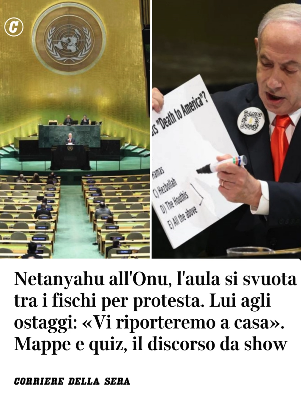 🔴 ULTIM'ORA - I delegati Onu di alcuni Paesi hanno abbandonato l'aula appena il primo ministro israeliano Benjamin Netanyahu ha iniziato il suo intervento all'Assemblea generale delle Nazioni Unite. Prima dell'inizio del discorso, molti dei presenti hanno fischiato come presumibile forma di protesta per gli attacchi israeliani in corso nella Striscia di Gaza dal 7 ottobre 2023. 👉 Gli aggiornamenti sul Corriere #corrieredellasera #articolidelgiorno #onu #netanyahu #gaza