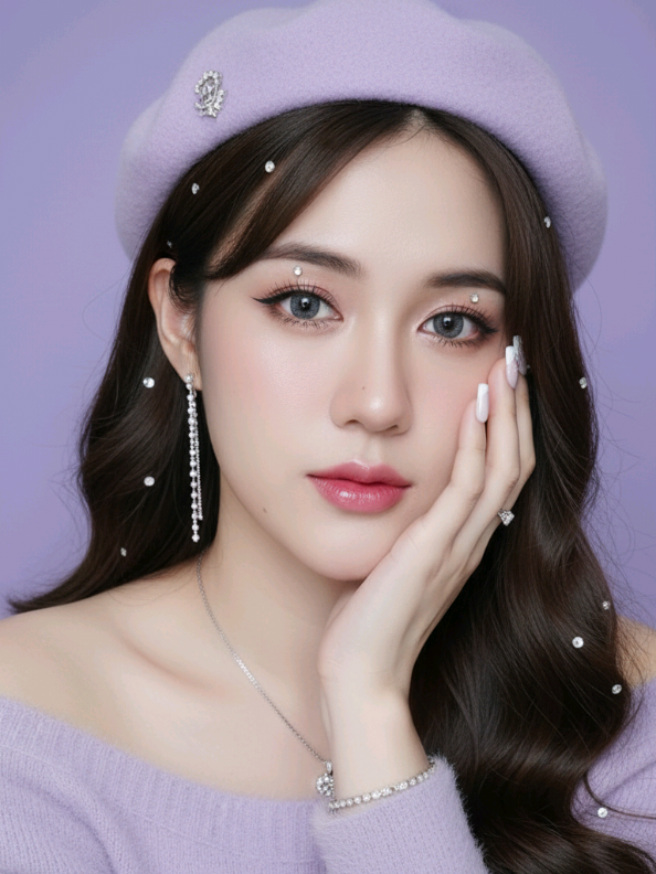 Lucuuu, ayo coba💜 Prompt :  Edit foto itu menjadi Potret hiper-realistis seorang wanita muda berambut sangat panjang bergelombang dengan wajah asli sesuai foto referensi, dipadukan dengan sweater lembut berbulu tipis berwarna ungu muda senada dengan model Sabrina setengah bahu dan topi baret ungu muda pastel dengan lambang kecil. Make-up tampilan Korea tanpa cela: foundation matte halus, blush on pink segar di pipi, eyeshadow shimmer lembut, eyeliner hitam tipis dengan sayap halus dilengkapi diamond kecil , bulu mata lentik alami, lensa kontak abu-abu muda, dan lipstik pink mengkilap. Pose close-up dengan tangan kanan menyentuh pipi dengan lembut, ekspresi anggun dan manis.  Dilengkapi dengan kalung silver, gelang silver, anting rantai diamond kecil panjang, cincin silver diamond, rambut dihiasi diamond2 kecil, menggunakan kuku palsu mewah berwarna putih susu paduan diamond,  Latar belakang ungu muda polos. Jangan ubah wajah asli foto yang saya kirim.  #Cupcut #geminiai #aigemini #fyp 