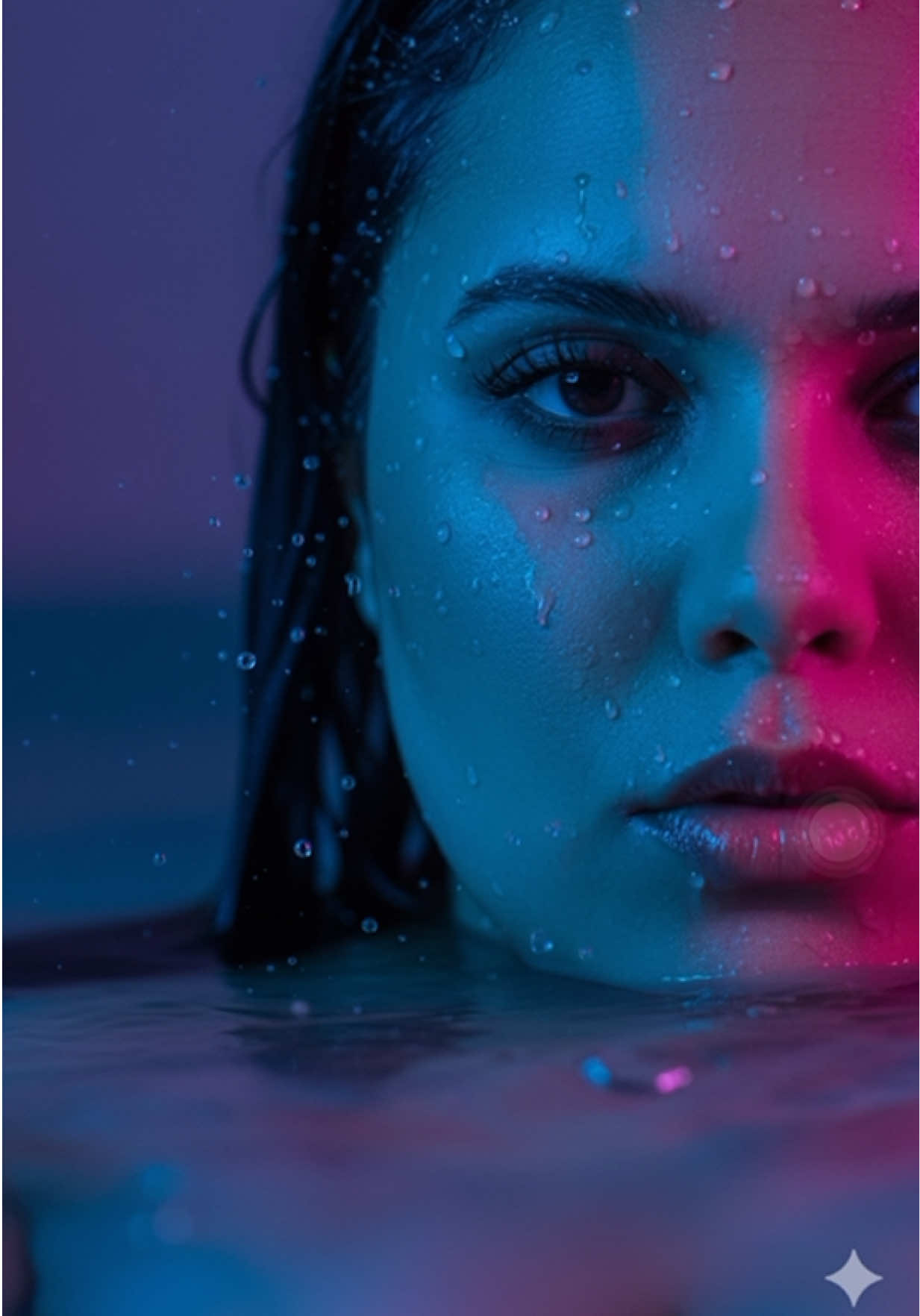 ❤️ Retrato hiperrealista no primeiro plano do rosto da imagem (mantenha os rasgos faciais o mais parecidos possíveis, até onde você permitir) com apenas a metade izquierda visível e parcialmente sumergida na água. A cena é iluminada dramaticamente com uma luz ambiental de néon azul e rosa que projeta reflexos coloridos sobre sua pele/cabelo úmido. Gotas de água e pequenas burbujas se aderem ao seu rostro, realizando a atmosfera cinematográfica. A textura da pele e a intensa concentração da mirada são claramente visíveis #gemini #comando #ia #fy #trend 