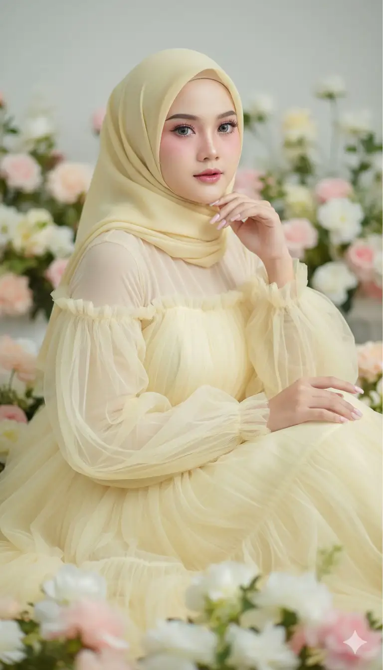 Sebuah potret melamun dan romantis dari seorang wanita muda cantik berhijab kuning yang dikelilingi oleh bunga-bunga pastel lembut, duduk dengan anggun dalam pose yang halus. Dia mengenakan gaun off-shoulder yang mengalir yang terbuat dari tulle kuning pucat tipis, dengan lapisan kain lembut yang menciptakan tampilan yang ringan. Riasannya sempurna dan seperti boneka: kulit porselen bercahaya, perona pipi lembut di pipi dan hidung, bibir merah muda mengkilap, dan mata besar bercahaya dengan bulu mata panjang, memberinya kecantikan yang mempesona dan seperti peri. Kukunya yang panjang dan terawat ditata dengan elegan, meningkatkan suasana yang canggin. Pencahayaan studio yang lembut menciptakan suasana yang lembut dan bercahaya tanpa bayangan yang keras, membuat kulit tampak halus dan bercahaya. Latar belakangnya dipenuhi dengan bunga pastel yang kabur (nada putih, merah muda, dan krem), meningkatkan suasana melamun, romantis, dan seperti fantasi. Tidak merubah wajah aslinya #gemini #fyppppppppppppppppppppppp 