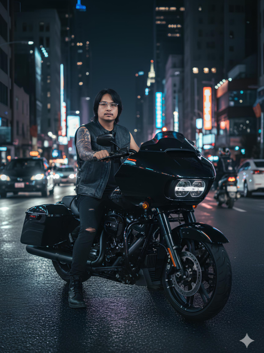 PROMPT AI ผู้ชายขับฮาเล่ 1.​เปิดแอป Gemini 2.​เลือกรูปภาพของตัวเอง 3.​ใส่ Prompt ภาพถ่ายแนวภาพยนตร์ (Cinematic photo) ผู้ชายรูปร่างดี ผมยาวปานกลางถึงประบ่า สวมแว่นตา มีหนวดและเคราแพะเล็กน้อย (ตามภาพอ้างอิง100%) กำลังนั่งอย่างมั่นใจอยู่บนรถจักรยานยนต์ Harley-Davidson Touring Road Glide ปี 2025 สีดำเงาทั้งคัน (blacked-out). เขาใส่เสื้อกั๊กแขนกุดสีดำ กางเกงยีนส์เดนิมสีเข้มที่มีรอยขาดที่เข่า และรองเท้าบูทหนังสีดำ. มีรอยสักขนาดใหญ่ที่แขนซ้ายของเขา. ​ฉากหลังเป็นถนนในเมืองใหญ่ตอนกลางคืน มีแสงไฟนีออนสลัวๆ จากตึกและป้ายไฟในระยะไกล. รถคันอื่นๆ ที่เคลื่อนที่ผ่านไปมาดูเบลอเล็กน้อย (motion blur) เพื่อสื่อถึงการเคลื่อนไหว. โฟกัสหลักอยู่ที่ตัวแบบและรถจักรยานยนต์. แสงไฟหลักส่องจากด้านหน้าและด้านข้างของรถ ทำให้เกิดเงาที่คมชัดและลึก (deep shadows) ช่วยเพิ่มความลึกลับและมีสไตล์. ​บรรยากาศโดยรวมให้ความรู้สึก เท่, ขรึม, มีพลัง, และเป็นอิสระ ราวกับฉากในภาพยนตร์แนว Neo-Noir หรือภาพยนตร์แอคชั่น. โทนสีของภาพออกไปทาง สีเข้มและเย็น (dark and cool tones) โดยมีแสงสีส้มหรือแดงจากไฟนีออนเป็นจุดเน้นเล็กน้อย. #เทรนด์กระแสมาแรง1000ล้านวิว2025 ​#gemini #aiสร้างภาพ #prompt #ตามกระแส 