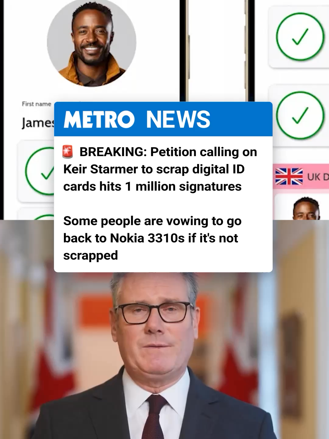 Over 1 million people have signed a petition opposing Sir Keir Starmer’s plans to make every adult in Britain have a digital ID card. The prime minister said the so-called Brit-Cards ‘will make it tougher to work illegally in this country, making our borders more secure’. But critics say they will do nothing to curb illegal migration and leave the personal information of millions at risk of data leaks and cyber attacks. Alison Carrington told Metro,‘It’s a Nokia 3310 for me then!’ #idcard #uknews #keirstarmer