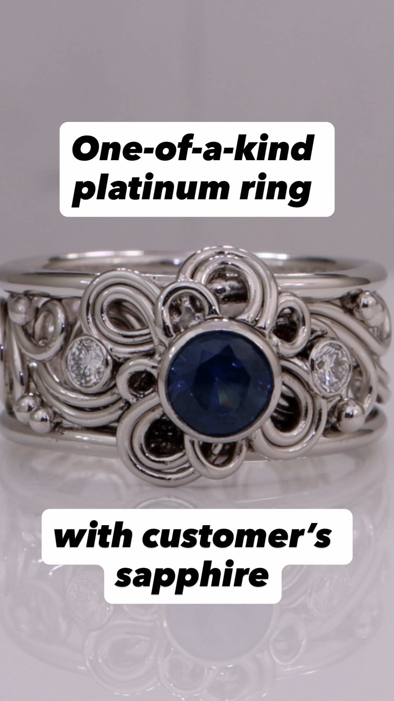 Beautiful one-of-a-kind platinum ring featuring our customer’s sapphire. If you see something you love on our social media or website, give us a call or send us an email, we’ll create exactly what you want #customjewelry 