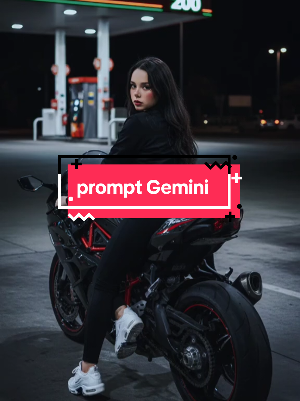 #gemini #trend #Viral o texto é esse aqui 👇🏻:Faça uma foto realista como se estivesse sendo tirada por outra pessoa em 4k, estou em um posto a noite, estou em cima de uma moto, com os dois pés levantados, a moto é uma (escolha a moto), estou vestida com os mesmos trajes da imagem( adicione uma imagem de corpo todo, e uma só do rosto), e nos pés um tênis TN branco a foto está sendo tirada por trás e eu estou olhando para trás também, estou sem capacete. não modifique o rosto.