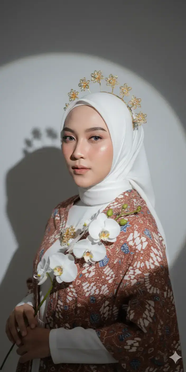 Mempertahankan wajah dan fitur yang sama persis dengan foto referensi. Potret studio mode tinggi seorang wanita muda dengan keanggunan yang halus, mengenakan hijab putih bersih yang disampirkan mulus sempurna dengan lipatan bersih, dihiasi dengan aksesoris topi baja bunga emas halus berbentuk seperti bintang mekar, berkilau di bawah cahaya. Hijabnya ditata dalam bingkai rapi yang menonjolkan wajah oval simetrisnya, kulit putih bercahaya, dan struktur tulang yang halus.Dia memakai batik tradisional Indonesia yang terinspirasi tirai bahu dalam merah-coklat bersahaja, berpola dengan motif geometris putih dan biru yang tidak beraturan, berlapis di atas gaun bagian dalam putih bersih. Tekstur kainnya lembut, dengan detail tenun yang terlihat, memberikan perpaduan keanggunan tradisional dan modern. Bros emas vintage duduk di dadanya sebagai bagian tengah, melambangkan kehalusan budaya. Dia memegang cabang anggrek putih segar, kelopaknya lembut, lembut, dan bercahaya, menambahkan kelembutan alami pada komposisi. Riasan (detail): • Kulit: kulit porselen sempurna dengan hasil akhir berembun alami, highlight halus pada tulang pipi, jembatan hidung, dan tulang alis untuk bercahaya • Efek keseluruhan: kemewahan pengantin / editorial yang dipoles, namun tetap lembut dan elegan. Pengaturan pencahayaan (sinematik & editorial): • Cahaya utama: softbox tunggal dari kiri depan atas, menghasilkan sorotan kulit yang bahkan bersinar dan halus. • Latar belakang: proyeksi sorotan melingkar di belakang subjek, menciptakan gradien seperti halo, dengan bayangan topi baja dilemparkan tajam ke latar belakang untuk efek dramatis. • Isi cahaya: minimal, pertahankan bayangan alami untuk menambah ke dalaman. • Hasil: moody tapi elegan, dengan kontras yang bersih dan nada pelukis. Spesifikasi fotografi: • Dibidik pada DSLR full-frame / mirrorless, dengan lensa prime 85mm pada f / 1.4, ISO 100, rana 1 / 160. Ke dalaman bidang: dangkal, latar belakang meleleh menjadi blur lembut, subjek setajam silet dengan detail indah. Resolusi: definisi ultra-tinggi, nuansa kualitas 8K, tekstur alami yang dipertahankan (tidak ada penghalusan berlebihan). Rasio aspek 9: 16 vertikal, komposisi terpusat, ruang atas untuk topi baja, ruang bawah seimbang dengan anggrek. Gaya & suasana hati: Editorial, fotografi mode budaya modern.Subjek backgroundallowing minimalis, pakaian, dan aksesoris mendominasi. enggel menghadap samping sedikit ke depan #semangatkonten  #gemini♊️  #ikutanyangviral  #fypage  #fypシ゚ 