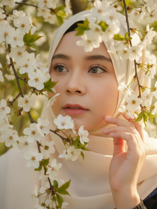 ciptakan potret close-up dari seorang perempuan yang tersembunyi di antara dahan-dahan bunga. hanya separuh wajah yang terlihat - satu mata memakai soflens grey, bibir merah muda alami. bunga-bunga putih yang lembut dengan benang sari orange-kuning dan daun-daun hijau kecil membingkai diwajahnya. bulu mata lentik dan cahaya dengan lembut menyinari kulitnya melalui dedaunan. mengenakan hijab krem.#geminiai 