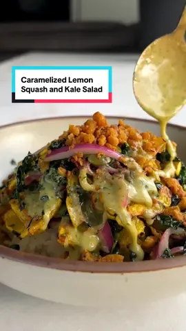 🍋 Caramelized Lemon Shredded Squash and Kale Salad with a focus on making those veggies tasty and fun to eat 🤍 Avocado oil, as needed Kosher salt, as needed Chickpea Crispies 1, 15oz can chickpeas, drained, rinsed, and pat dry 1/2 tsp thyme 1/2 tsp garlic powder Squash and Kale Salad 1 lb delicata squash, halved, seeds removed and thinly sliced 8 stalks lacinato kale, stems removed and thinly sliced 1/2 small red onion, thinly sliced Juice of half a lemon 1 tsp red wine vinegar 1 tsp maple syrup 1/4 cup golden raisins 1/4 cup parsley leaves, minced 1/4 cup pumpkin seeds Caramelized Lemon Dressing 1 large lemon 1-2 cloves of garlic, crushed 1 tsp dijon mustard 1 tbsp red wine vinegar 1-2 tbsp maple syrup 3 tbsp extra virgin olive oil 1/4 cup parsley leaves ✨Tips for simplifying this salad: 1. Buy some convenience items. Use a pre-shredded kale or slaw (I like the cruciferous crunch one from Trader Joe’s, buy roasted chickpeas like Biena and just crush some of them for the topper, and buy your fav citrusy vinaigrette or dressing - love the dressings from Trader Joe’s, Gotham Greens, maple Dijon dressing from Fody, etc). 2. Make some things ahead. The massaged kale, dressing, chickpeas, and marinated onions can all be made in advance and hold up really well.  For more tips and instructions, see my site in prof ile ✨