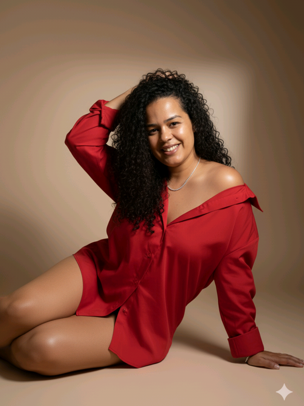 Projeto Gemini  . . . Crie uma imagem da mulher na foto (mantenha as características faciais o máximo que for permitido). Ela está vestindo uma camisa de cor vermelha, superdimensionada, desamarrada e aberta ao cuello.La sensualmente pendurada em seu ombro, revelando parte de seu peito e clavícula, um delicado conjunto de joias de diamantes, que inclui ar, uma pulseira e um anel, adorna seu pescoço, pulso e dedo.Ela está sentada no chão com uma perna dobrada para cima e a outra esticada para fora. O fundo é bege monocromático simples, variando de mais claro a mais escuro, com um toque de luz forte e uma sombra fondo.La iluminação. é suave e dramático e projeta um brilho etéreo sobre ella.La imagem, tirada com uma câmera DSLR de alta qualidade, como uma Canon EOS R5 ou uma Sony Alpha 7R V com uma lente de 50mm, tem um acabamento profissional com profundidade de campo reduzida, o que torna o assunto outtida.La imagem vibrante e nítida. #FunkNoCapCut #CapCut #projetogemini #inteligênciaartificial #aesthetic 