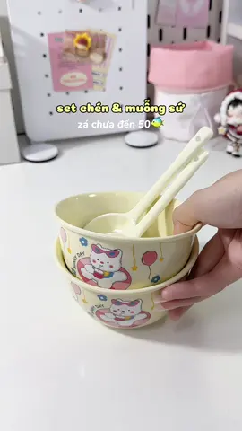 set chén & muỗng sứ dễ thương mà zá chưa đến 50🐠 #setbatsu #luckyhome #giadungnhabep #unboxing #muataitiktok 