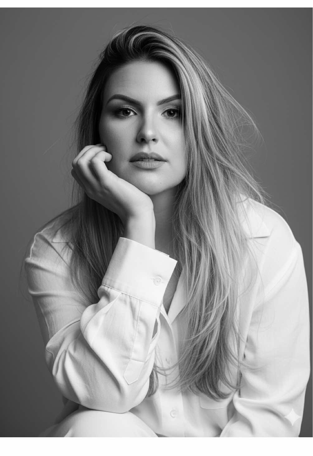 Texto para fotos no Gemini 📸 👇🏻 Use the photo without replacing the face. black and white fine art portrait of a young woman, long slightly messy hair framing her delicate face, smooth fair skin, wearing an oversized white shirt. Pose: sitting with one hand resting gently under her chin, looking at the camera with a calm and thoughtful expression. Studeio setting with plaun grey backdrop, soft cinematic lighting, minimalistic composition. Ultra realistic, sharp facial details, natural textures, elegant and sophisticated style. Professional photography, 8k quality, high contrast monochrome aesthetic. #gemini #prompt #viraltiktok #trendgemini #fyppppppppppppppppppppppp 