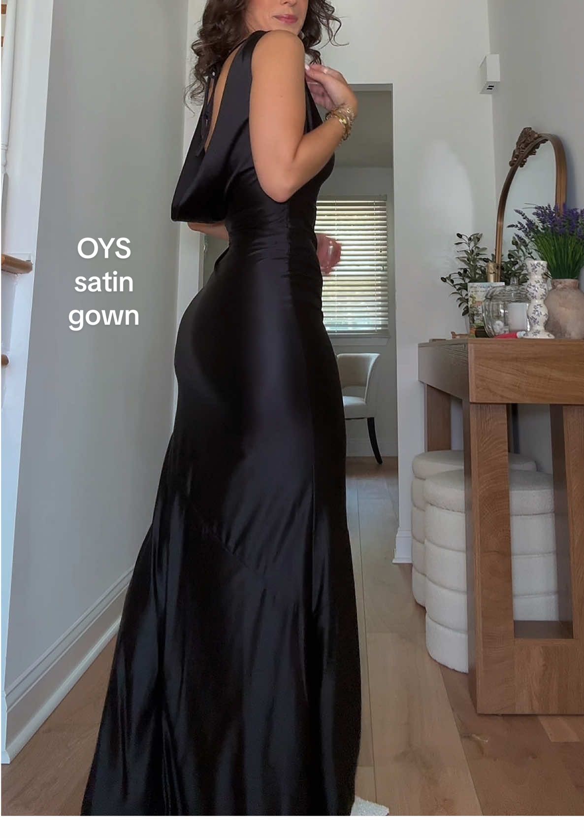the perfect wedding guest dress for a fall or winter wedding! wearing size small :) #oys #weddingguestdress #blacktie #satingown #gown 