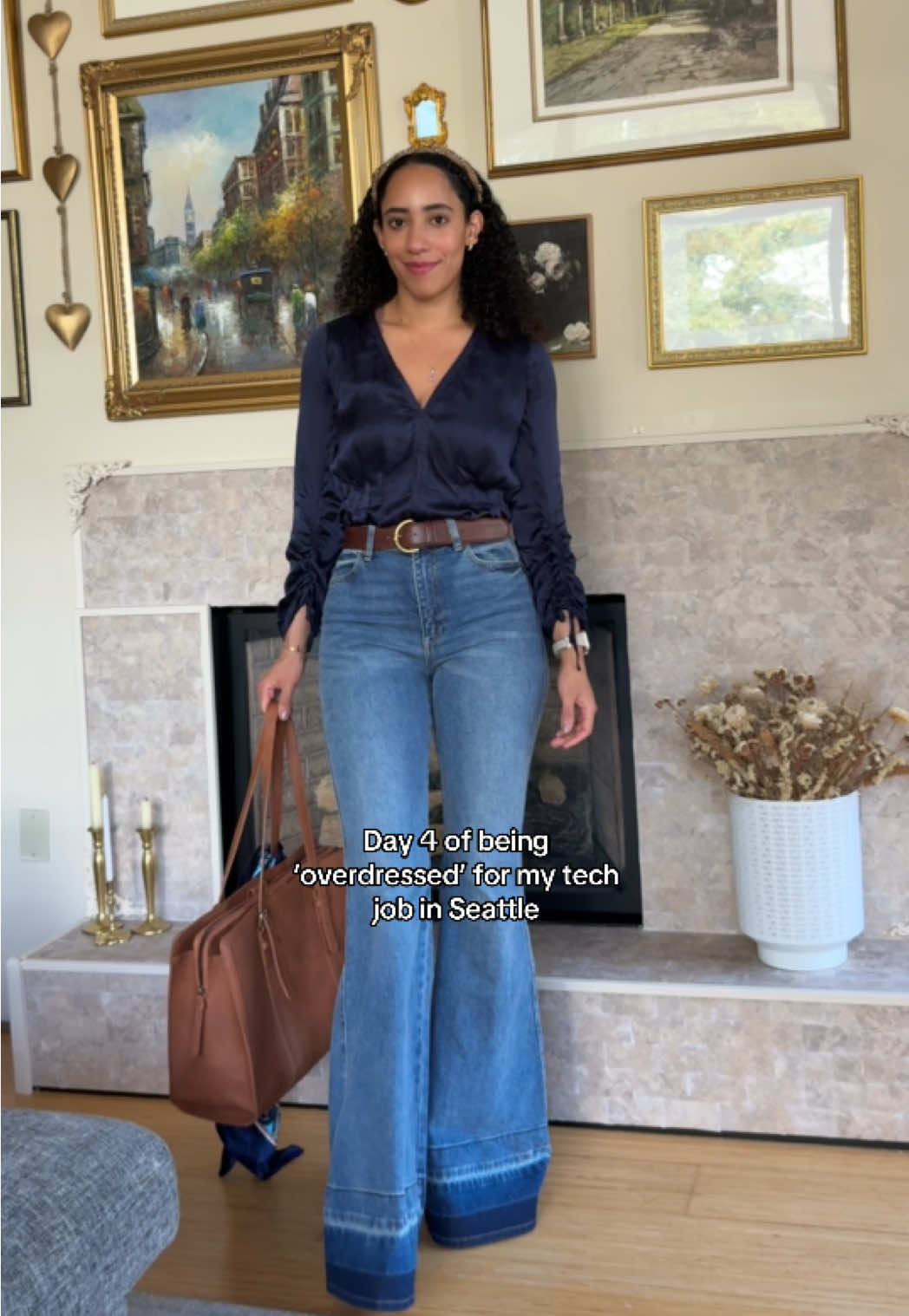 Another day, another excuse to overdress in Seattle tech. Day 4 fit: navy satin blouse + wide-leg denim with brown accessories. 🤎💙 #OverdressedForMyTechJob #OOTD #FashionTok #WorkwearStyle #styleinspo 