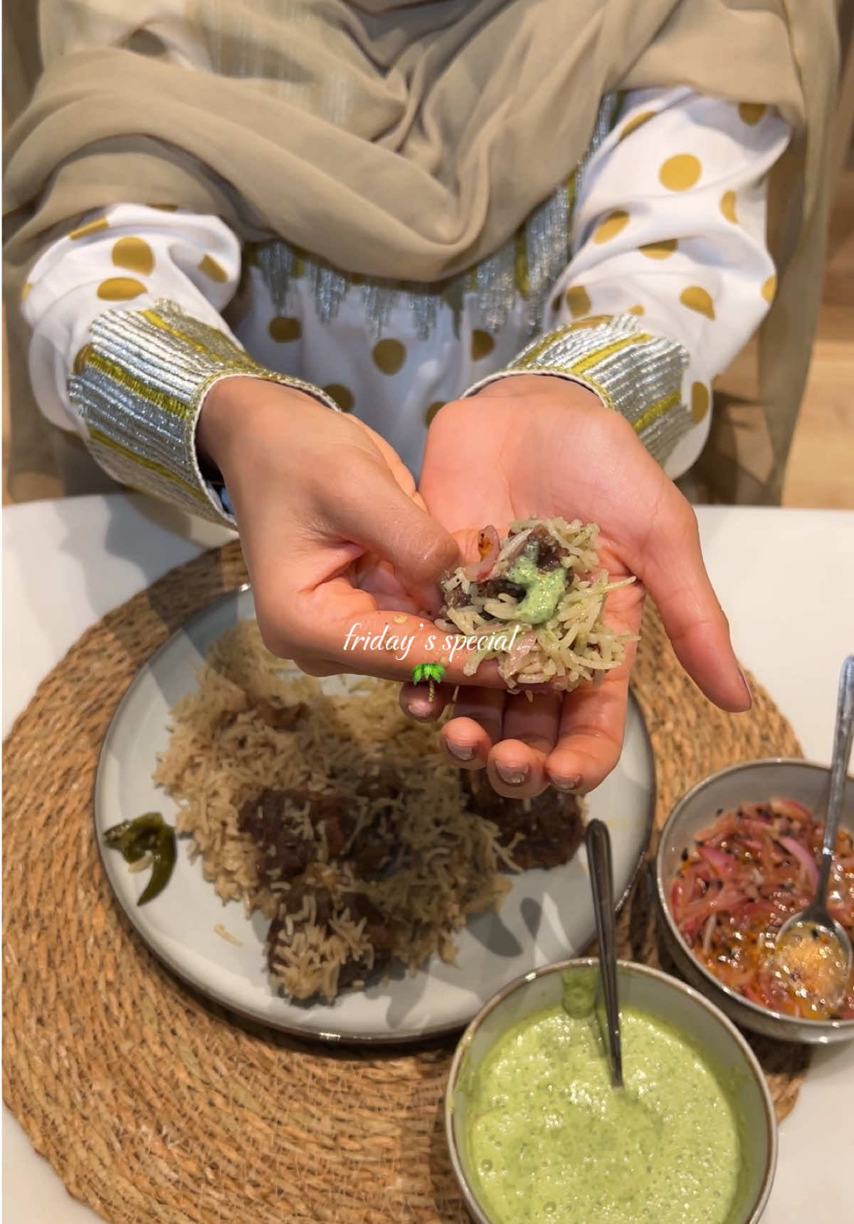 Rich in collagen and so yummyyy 😋😋 #fyp   Ingredients:  For the stock: 1 kg lamb (preferably shanks and avoid bone-in pieces) 500g bone marrow (optional but adds richness to the dish and very nutritious) 8–10 cups water 2 medium onions, sliced 6–8 cloves garlic 1-inch piece fresh ginger 1-2 pieces green chilis  1 bay leaf 1 tsp cumin seeds 2 tsp coriander seeds 2 tsp fennel seeds 2 pieces of cloves 1 inch cinnamon stick 1 piece star anise  1 tsp black peppercorns 4–5 green cardamom pods 1 tbsp salt (adjust later) For the rice: Wash 2-3 cups of rice and soak for one hour. 1/2 cup yoghurt 1 onion, sliced 2 green chilis, slit in half  Steps(1): - In a pot, add all the whole spices and toast gently, stirring, until fragrant - Add the sliced onions and cook just until they soften; do not let them brown. - Lightly crush the garlic, ginger and green chilis in a mortar and pestle, then stir this mixture into the pot and cook for a minute to release the aroma. - Add the lamb shanks and bone marrow (if using). Cook briefly, turning once or twice, only until the raw pink color begins to fade—avoid browning the meat. - Pour in the water, making sure the meat is fully covered. - Add the salt and bring to a gentle boil. Skim off any foam that rises. - Lower the heat, cover, and simmer until the lamb is tender and the broth is rich and aromatic (you can use a pressure cook too) - Strain the stock and reserve it for the rice. Steps(2): - In a pot, add the sliced onions and cook until deep golden brown and slightly crisp. - Add slit green chilis and stir for a few seconds to release their aroma (don’t burn slightly bruised) - Add the cooked lamb pieces until well combined. - Stir in the yogurt and cook, stirring constantly, until it coats the meat and the mixture is well blended. - Pour in the lamb stock and bring it to a gentle boil. - Add the drained, soaked rice (discard the soaking water). - Taste if it needs more salt and add accordingly. - Cook uncovered on medium heat until most of the liquid is absorbed, then cover, lower the heat, and steam until the rice is fully cooked and fluffy. - Let the rice rest, covered, for a few minutes before gently fluffing and serving. For the chutney: Fresh coriander leaves Fresh mint leaves 1 tsp cumin powder Salt to taste 1 garlic clove 1/2 lemon, juiced 1/2 cup yogurt Combine all the ingredients in a blender and blend until completely smooth. For the pickled onion: 1 onion, thinly sliced White vinegar Salt Juice of 1/2 lemon Chili flakes oil  Place the sliced onions in a bowl with a splash of white vinegar and a pinch of salt. Massage the onions with your fingers until very soft and they release their liquid. Mix in the lemon juice. In a small pan, gently heat the oil with chili flakes until the flakes sizzle and the oil is infused with their flavor. Carefully pour the hot chili oil over the onion mixture and toss well.