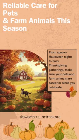 🎃🍂 Fall & Holiday Pet Care Services 🦃✨ As the busy fall season begins — from spooky Halloween nights to cozy Thanksgiving gatherings — don’t forget about your pets and farm animals! 🐾💛 Whether you’re traveling, hosting family, or just need an extra hand, I provide dependable care so your animals stay happy and safe. Seasonal Services Include: 🍁 Dog walking & exercise 🍁 Drop-in pet sitting 🍁 Feeding & fresh water 🍁 Barn & farm animal care 🍁 Daily updates for peace of mind Plan ahead — holiday spots fill quickly! Enjoy the season knowing your pets are cared for like family. 📞 501-420-3415 📧 barnandfamilyco@gmail.com 📲 Instagram: @sweetacre_animalcare 🌐 sweetacrefarmandanimalcare.godaddysites.com 📍 Service Area: Batesville, Arkansas & Surrounding Areas #FallPetCare #HalloweenPetCare #ThanksgivingReady #SweetAcreAnimalCare #HappyPetsHappyHolidays  