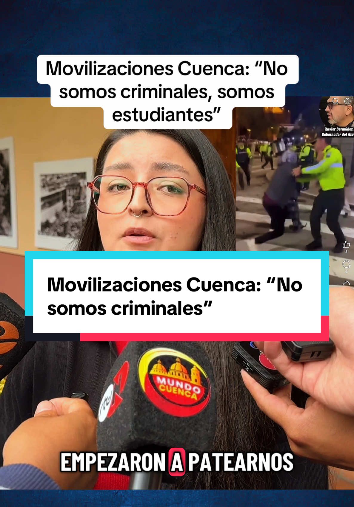 #urgente😱🔴 movilizaciones Cuenca: “No somos criminales, somos estudiantes” Fuerte represión de la Policía Nacional contra manifestantes en el Centro Histórico de Cuenca. Al menos tres personas fueron detenidas durante la protesta, poniendo en riesgo su derecho a la libertad de expresión. Noelia Ochoa, presidenta de la FEUE, denunció la represión contra estudiantes que realizaban una manifestación pacífica en los exteriores de la Gobernación ayer. #denuncia #paro #nacional #Cuenca @Policía Nacional del Ecuador 