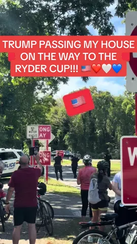 IS THIS SONG CHOICE BETTER? Haha  Love that the female cop waved - literally once in a lifetime, the sitting President passing by literally right in front of your house on his way to the Ryder Cup (a mile away from your house). SO COOL!!! #redwhiteandblue #RyderCup #bethpageblack #longisland #potus @PGATOUR @Ryder Cup USA @Sports Illustrated @Barstool Sports @Team Trump 