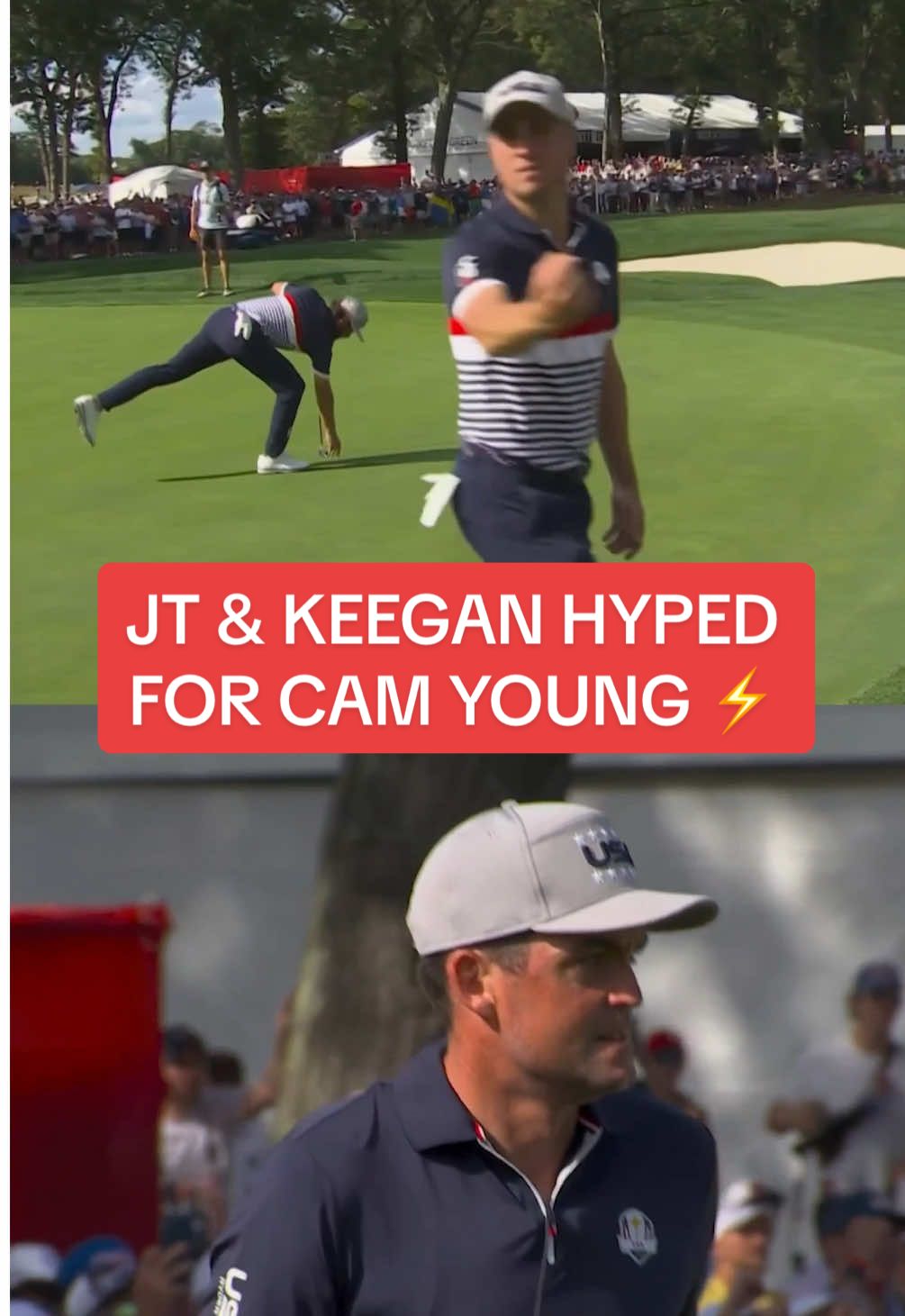 Cameron Young gets his partner and captain fired up with a birdie to take a 3 up lead. 🇺🇸 #golf #RyderCup #usa #putting #newyork 