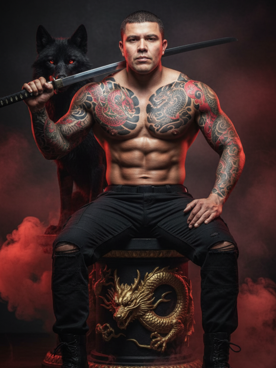 Abra o GoogleGemini  envie uma foto  copie e cole o prompt abaixo: Crie uma imagem hiper-realista em 8K de um guerreiro moderno com o corpo musculoso, tatuagens orientais de dragão em vermelho e preto nos braços e peito, segurando uma katana sobre os ombros. Ele está sentado em um pedestal preto ornamentado com um dragão dourado em alto-relevo. Ao lado dele, há um lobo negro com olhos vermelhos brilhantes e expressão feroz, envolto por fumaça vermelha que cria uma atmosfera sombria e dramática. O guerreiro veste calças pretas rasgadas no joelho e botas pretas. Substitua o rosto do guerreiro pelo rosto da foto enviada, mantendo as características faciais e o cabelo originais da imagem enviada, sem alterações, garantindo que o rosto seja integrado de forma realista ao corpo e à iluminação da cena. A iluminação deve ser cinematográfica, com contraste forte e atmosfera intensa.