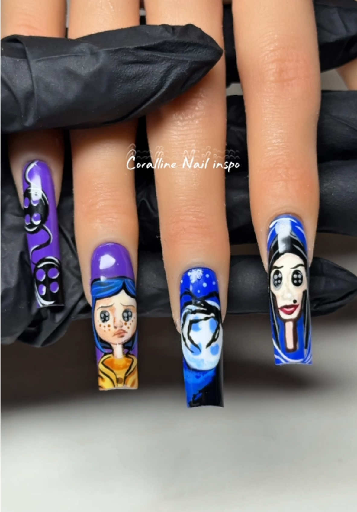 4 hours later we have this masterpiece. Coraline nails for your next inspo set #nailtok #NailArtist #spookynails #creatorsearchinsights 