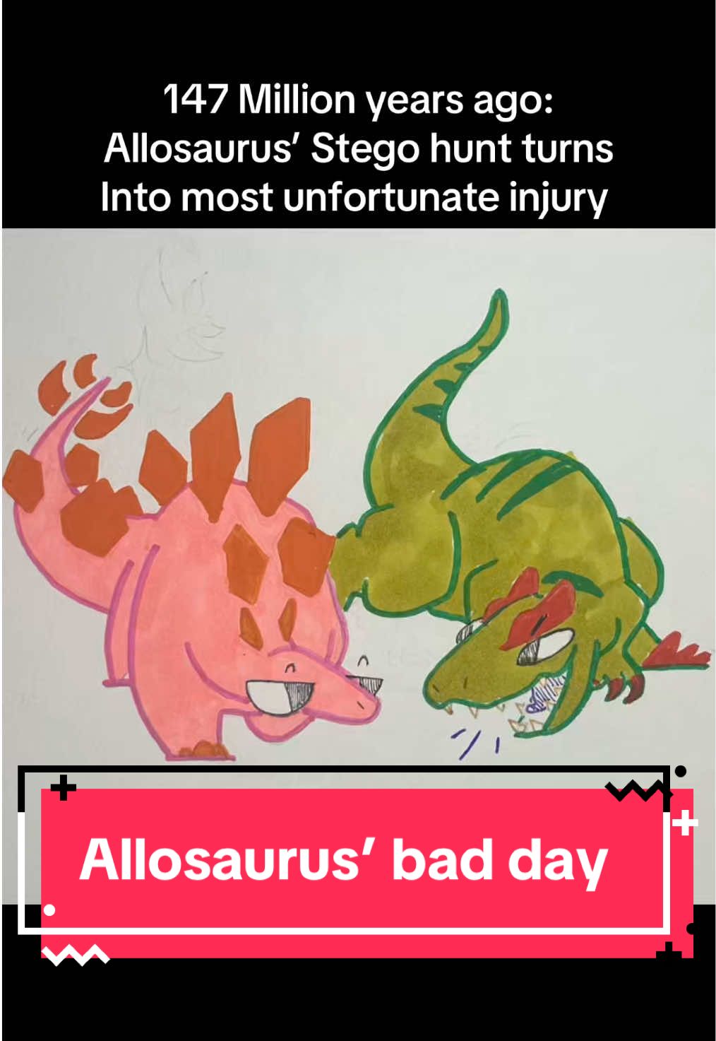 A 147 mya Allosaurus fossil was found with evidence of a fist-sized infection around a round deep puncture wound. Scientists quickly determined that this Allosaurus was the victim of a Stegosaurus tail spike, right into the family jewels. Stegosaurus may have had a small brain but perhaps the Allosaurus was the one making dumb decisions here 🫢 #Science #paleontology #dinosaur #jurassic #edit 