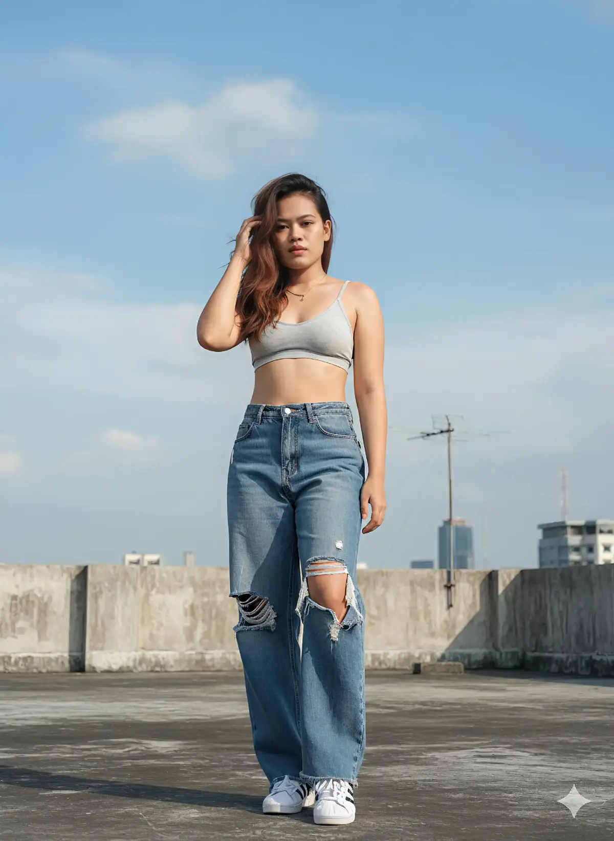 Turn this photo into A hyper-realistic, full-body vertical portrait (9:16) of a young woman standing on a building rooftop. Use the exact real face from the attached photo (perfectly accurate, no distortion, identity unchanged). She is wearing a light gray bralette and stylishly torn, baggy denim jeans with loose hems that drape naturally over her shoes and extend fully to the ground, pooling slightly around her feet so only a small part of her white adidas sneakers is visible. Her hairstyle is randomized in a cool, natural street-style look — it could be messy, windblown hair with strands falling loosely, a relaxed low ponytail with some strands framing her face, a side braid with a slightly undone vibe, or tousled waves that look effortless and edgy. Randomized gestures and interactions with her hair are included — such as casually running fingers through her hair, tucking strands behind her ear, hair being pushed by the wind across her face, or lifting one hand as if adjusting her messy hairstyle. The model is depicted with ultra-sharp clarity, emphasizing lifelike skin texture and fine facial details. Her body proportions are natural but with subtly elongated legs for a slightly taller, more elegant look. The lighting is natural and bright, with a clear blue sky and soft white clouds in the background. The focus is on both the subject’s portrait and the edgy streetwear fashion. Capture professional high-detail quality, highlighting fabric textures and the urban rooftop atmosphere. The model’s posture, expression, and gestures are randomized to create a unique and spontaneous look.