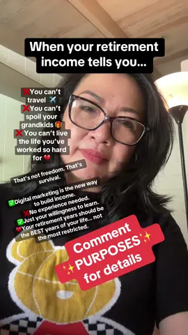 💔 Your retirement years should be the BEST years of your life—❌NOT❌ the most restricted. GenXers, it’s time to wake up. 🚨 Digital marketing is helping us build income beyond our paychecks—no tech skills required. 👉 Comment ✨PURPOSE✨ if you’re ready to unlock the future you deserve. #GenXmom #makemoneyonlinefromhome #WorkFromAnywhere #digitalmarketingforbeginners #WorkLessEarnMore 