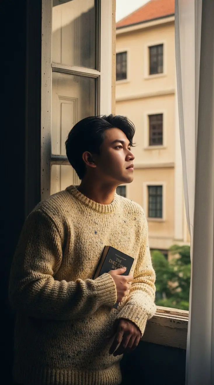Gunakan 100% wajah dari Poto tersebut. **Gaya Visual dan Estetika:** Foto potret sinematik, bergaya editorial, dengan estetika visual yang kaya, bernuansa nostalgia dan klasik. Penggunaan teknik pencahayaan *chiaroscuro* (kontras tinggi antara gelap dan terang) yang dramatis. **Objek Utama (Subject):** Seorang pria muda (mungkin Asia Timur) dengan rambut hitam pendek terurai yang sedikit tertiup angin. Ia mengenakan sweater rajutan tebal berlengan panjang berwarna kuning mustard pucat atau krem dengan bintik-bintik abu-abu/biru gelap. **Aksi dan Pose:** Pria tersebut berdiri atau duduk di dekat ambang jendela, mencondongkan tubuhnya ke depan. Wajahnya miring ke atas dan ke samping, memandang ke luar jendela atau ke arah sumber cahaya, dengan ekspresi puitis, introspektif, dan sedikit pensive (merenung). Bibirnya sedikit terbuka. Tangan kanannya memegang buku kecil bersampul gelap dengan judul 